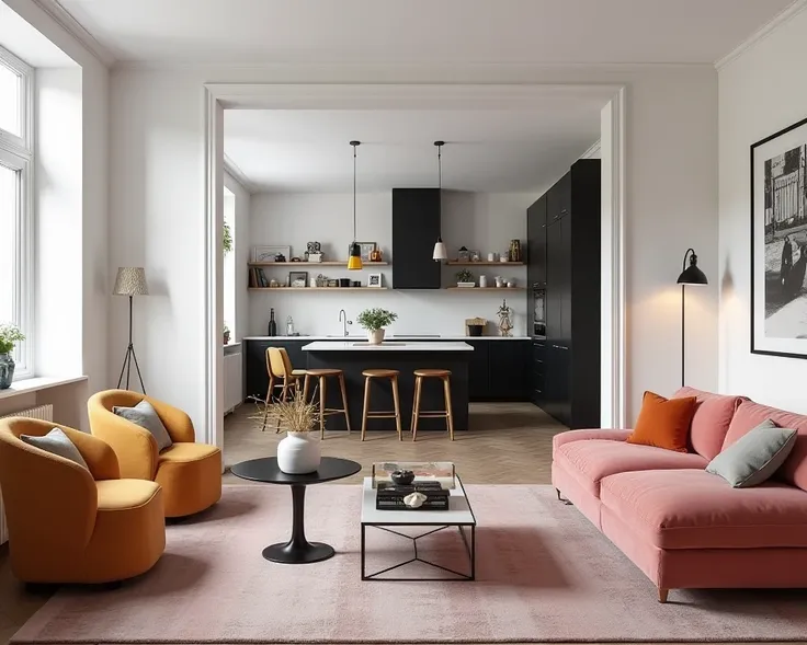 Dining room overlooking the kitchen black cabinets only stands, Large kitchen with window,  in the style of modernism with retro elements.In an old apartment with double white doors between the dining room and the living room. W jadalnia duzy prosty drewni...