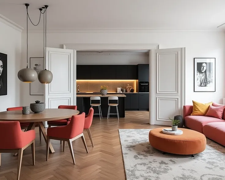 Dining room overlooking the kitchen black cabinets only stands, Large kitchen with window,  in the style of modernism with retro elements.In an old apartment with double white doors between the dining room and the living room. W jadalnia duzy prosty drewni...