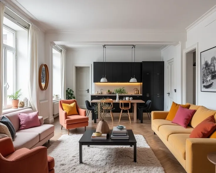 Dining room overlooking the kitchen black cabinets only stands, Large kitchen with window,  in the style of modernism with retro elements.In an old apartment with double white doors between the dining room and the living room. W jadalnia duzy prosty drewni...