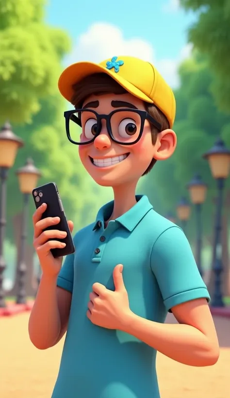 A young man in realistic animated 3D style, Are you on average 20 years old, with a cheerful and friendly look, wearing large black glasses and a light blue polo shirt.  He looks strong because he plays sports, He wears a yellow cap with small blue details...