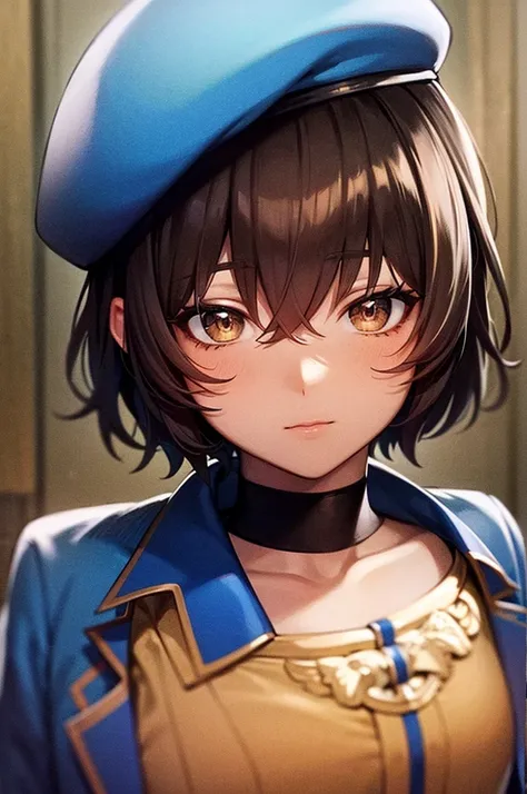 A tomboy with short brown hair, wearing a blue beret, with dark skin, in a blue jacket, with brown eyes, highly detailed, high resolution illustration, fine detail