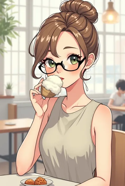 Handwriting style illustration Delicate pen line
A girl eating shaved ice at a cafe on a summer day.

Her hair is milk tea color
Hair in a bun
Eyes wide, lips lush
She wears black-rimmed glasses

