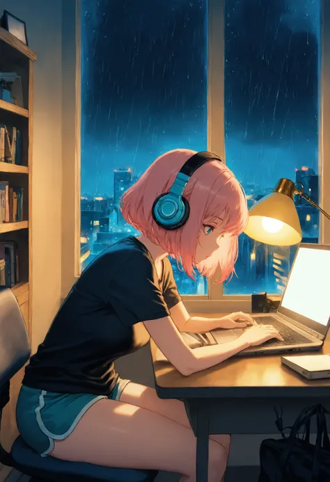 1girl, solo, pink hair, short hair, bob style, wearing headphones, yellow oversized hoofie, shorts, thicc thighs, sitting in front of her desk, studying, desk lamp, laptop, bedroom, white walls, window, city, night, raining, wallpaper, masterpiece, high qu...