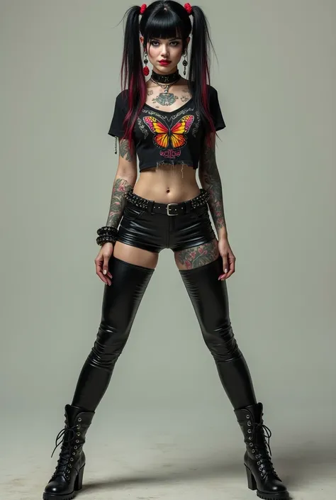 A very realistic sexy young Goth woman with extremely pale skin, small breasts, extremely thin waist, wide hips, big ass, colorful tattoos, colorful butterfly tattoo on the chest long black and red hair in pigtails with a bangs, emo makeup, dark mascara, d...