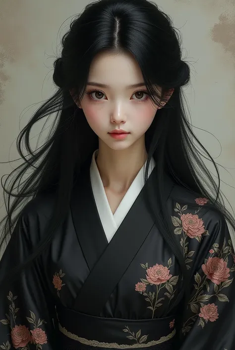 Pretty girl than a cat wearing Japanese hanbok, where black is the main color. long black hair. 