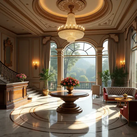 A grand and luxurious European-style hotel lobby, designed with timeless elegance and sophistication. The space features high ceilings adorned with intricate crown moldings and a grand crystal chandelier that casts a warm, ambient glow over the room. The f...