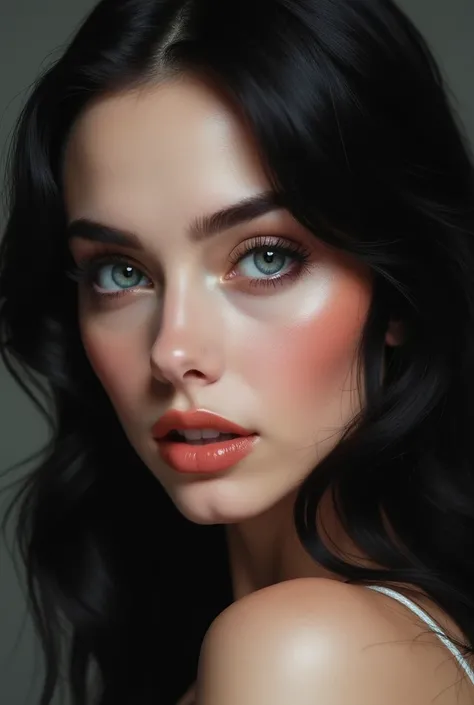  Realistic portrait of a stunning woman with feminine and attractive features.  She has silky and smooth black hair , falling softly over the shoulders,  with a natural glow .  Her eyes are large and intensely blue ,  with long, curved lashes , exuding mys...