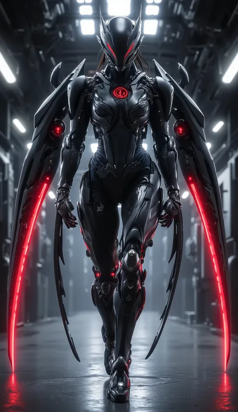 "Generate a video of Black Widow in a sleek, high-tech mecha suit designed for agility and stealth. The suit is a dark black and silver design, with reinforced armor plating and glowing red accents along her limbs and torso. Her helmet is streamlined, with...