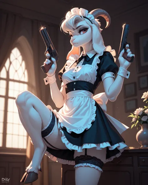 spooky furry female goat , maid clothes , glamorous , garter , Dimly lit room , knee up , hand gun on garter