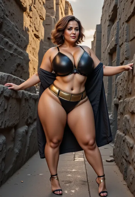 A fierce model with a short, asymmetrical bob, sporting a bold black and gold bikini with metallic accents. She wears a lightweight leather jacket draped over her shoulders, statement hoop earrings, and strappy sandals, posing against dramatic island rock ...