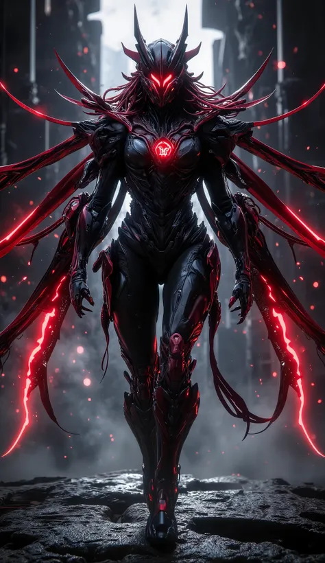 "Generate a video of Scarlet Witch (Wanda Maximoff) in a powerful, mystical mecha suit with a blend of dark red, black, and metallic elements. Her suit is intricately designed with glowing crimson energy veins that pulse as she walks, and her helmet featur...