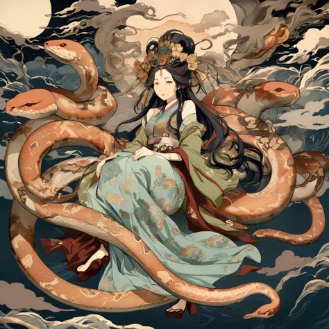 Anime, work of art, live photo 8K quality, based on perfectly correct anatomy, snake woman, queen of snakes, beautiful, surrounded by snakes, play of light, surrealism, ukiyo-e.