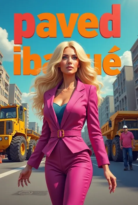 Image with an empowered woman of white skin color and yellow hair who wears fuchsia, with a large text in Spanish that says paved Ibagué and the workers in the machines