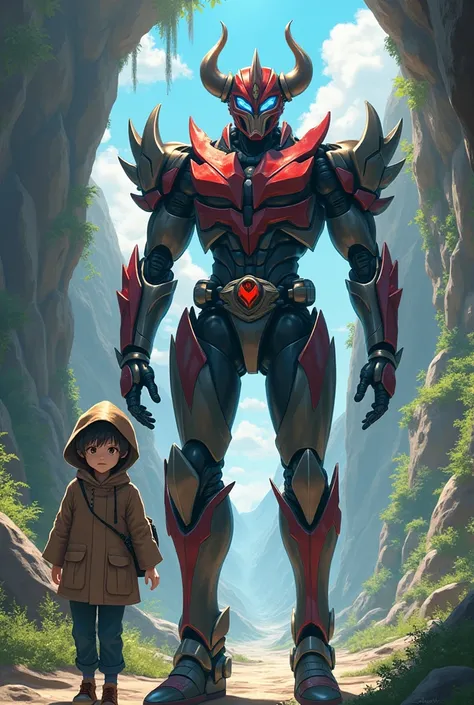 Two wanderers, one of them is an tall, demon themed kamen rider robot, and the other is an adorable , they both wear hood, background is inside an kingdom, fantasy, Kamen rider style, anime style, HD.