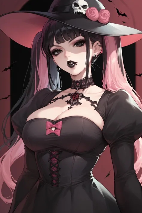 Mature Woman, black hair, pink hair ,twintails,Anime style ,Black eyes,Striped hair, vampire, black dress,Black lipstick, gothic ,Bangs, Face piercing,Black hat,long hair