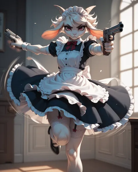 spooky furry female goat , maid clothes , glamorous , garter , Dimly lit room , knee up , hand gun , Aiming action movement , (motion blur)