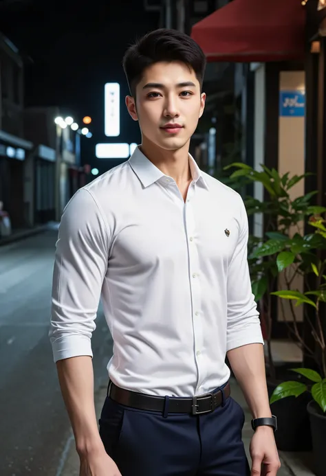 sex, masculine, Age 32 years, (Model, Byeon Woo-seok, South Korean celebrities), (bestquality:1.2, 8k resolution, highres:1.2), (asian, korea, handsome:1.4), White shirt, Short black hair, Good looking, Fair-skinned, Formal dress code, (On the road at nigh...