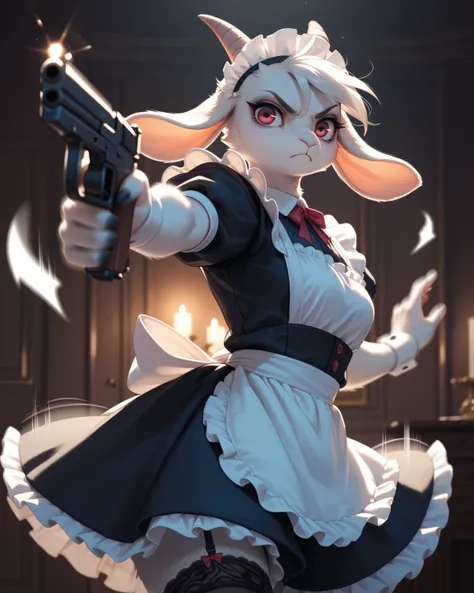 spooky furry female goat , maid clothes , glamorous , garter , Dimly lit room , hand gun , Aiming action movement , (motion blur)