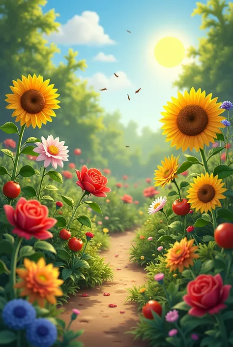 Create an illustration, Disney Pixar style, for the ren's text:
A small garden with colorful roses, yellow daisies, sunflowers looking at the sun and a tomato plant.