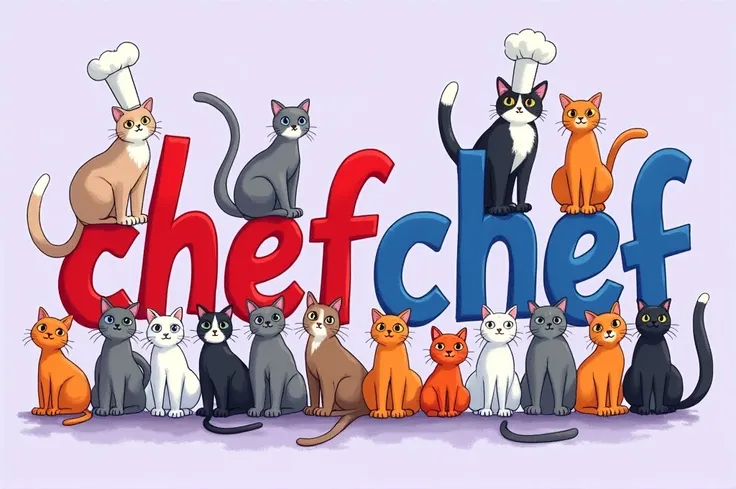 The big name of Chefchef in red and blue,Around many cats of different colors light purple background all drawing mode