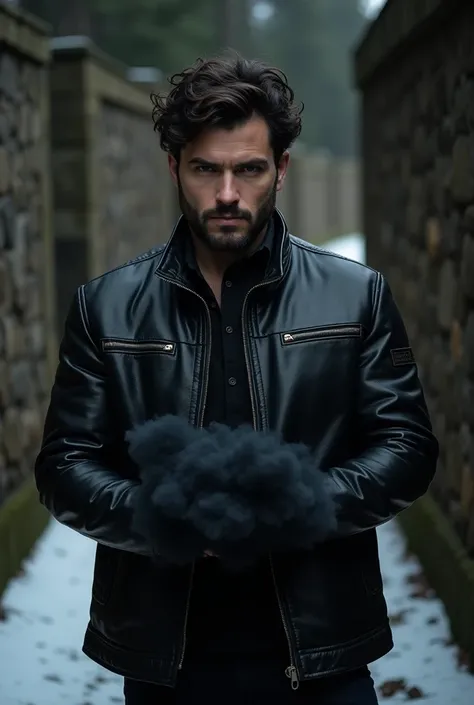 

 The image shows a handsome man in a black leather jacket.  He is looking directly at the camera with a serious expression . He has dark, curly hair and a muscular body, broad shoulders, tanned skin, freshly shaved beard, chiseled jaw.. He appears to be ...