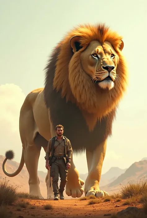 A man walks with a giant lion