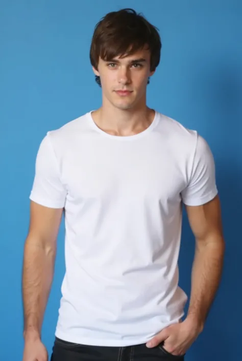 Mitchell Hope. The upper body image is a high-resolution photograph of Mitchell Hope standing against a solid blue background. He has a fit, athletic build with well-defined muscles. He has a light complexion and messy, tousled brown hair. He is dressed fi...
