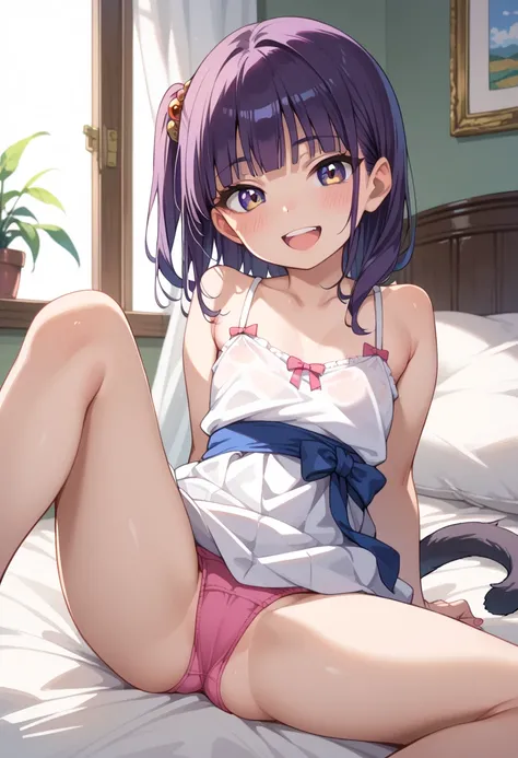 ((Top Quality)), ((Excellent)), (Detailed), Perfect Face, Indoors, Bedroom, Looking at the Viewer,
One woman, Morgiana,
Open mouth, ecstatic expression, blushing, smiling,
small breasts, flat chested, young girl, loli, , girl,
Long hair, Side tail,
Spread ...