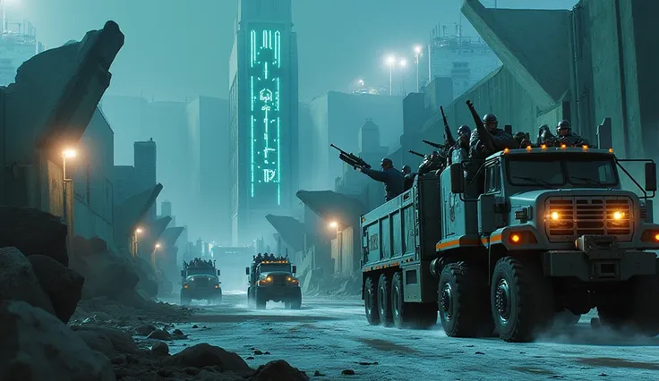 A wide aerial shot captures a convoy of **massive rebel trucks** rolling up to the towering **H.A.P.S. prison walls**, their **reinforced steel frames** gleaming faintly under the harsh **cyan floodlights** mounted along the walls. Each truck is painted in...