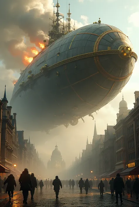 Sreampunk spaceship bombarding european city 1899