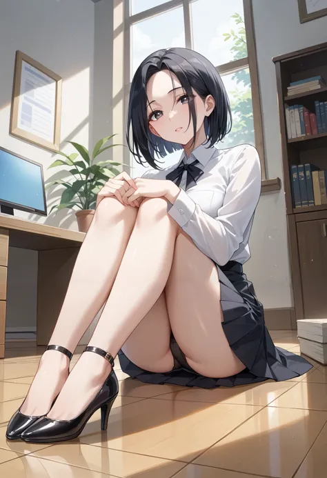  white shirt、(( black tight skirt))、((Sitting on the floor holding your knees))、(( low angle))、(( black hair))、(((middle parted hair)))、((high Quality))、 office、(( very detailed face))、(( very detailed body))、(( very detailed eyes))、 beautiful eyes, beauti...