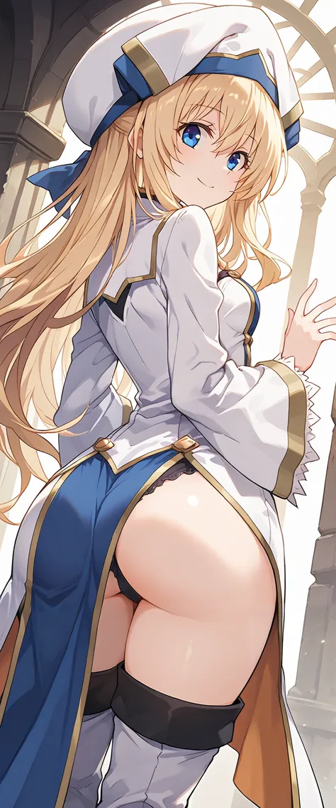 score_9, score_8_up, score_7_up, anime_source, priestess(goblin_slayer),blonde hair,blue eyes,hat,white headwear,long sleeves,hair between eyes,thigh boots,wide sleeves,small breasts,smile,(ass focus,from behind:1.3),(looking back),masterpiece,Noise Reduct...