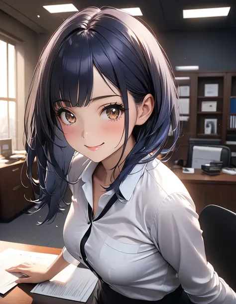 cute young business woman, solo, office lady, dark blue hair, brown eyes, asymmetrical bangs, beautiful detailed face, Ultra-detailed eyes, medium breasts, (Perfect proportions), embarrassed smiling expression, elegant office attire, cinematic lighting, of...