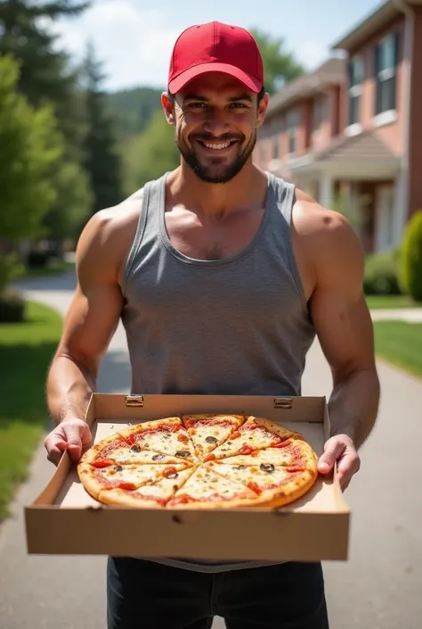 25 years old muscular male with a tank top and a red cap on his head. Pizza delivery at home. Play at your house with a closed box of pizza with a mischievous and seductive smile. In the background a driveway with houses