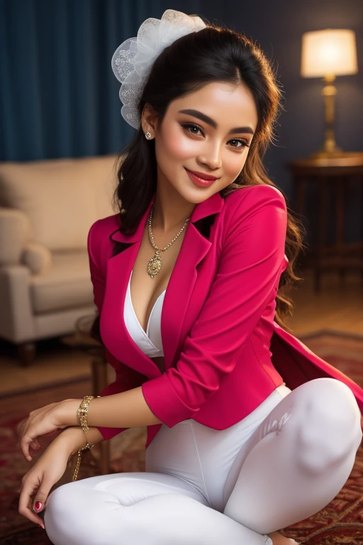 This image encapsulates the allure of a contemporary deity, an epitome of beauty and grace, in an isometric view. The random ethnic woman, adorned in a red jacket with a pink blouse underneath, exudes an enchanting aura. Her perfect smile shines bright, be...