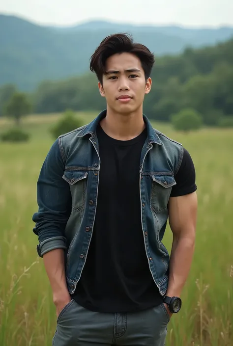 male handsome Korean, (((Big arm muscles, tight breasts , Muscle Bundle, ))), medium haired fashionable wearing black t-shirt and a denim jacket dress standing selfie against a field backdrop