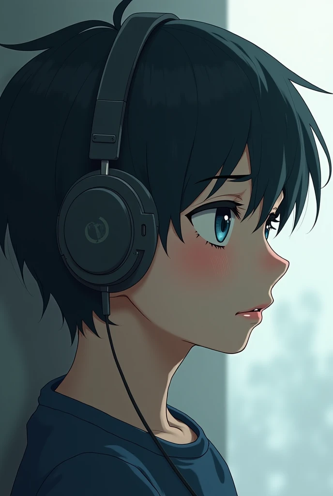 Sad anime boy.face covered one side  use to headphone.