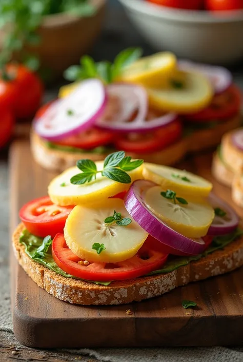 Whole wheat bread  2 slices with vegetables  inside  with potato, onion and tomato  no leaves
