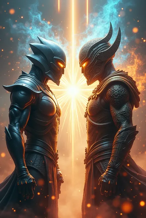 A spirit of collaboration. Two fighters with different armor ,  who release powerful energy in unison.