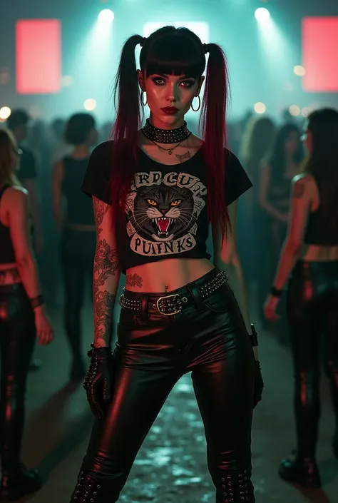 A very realistic caucasian sexy young punk woman with extremely pale skin, small breasts, extremely thin waist, wide hips, big ass, colorful tattoos, long black and red hair in pigtails with a bangs, emo makeup, dark mascara, dark eyes, One eye in green an...