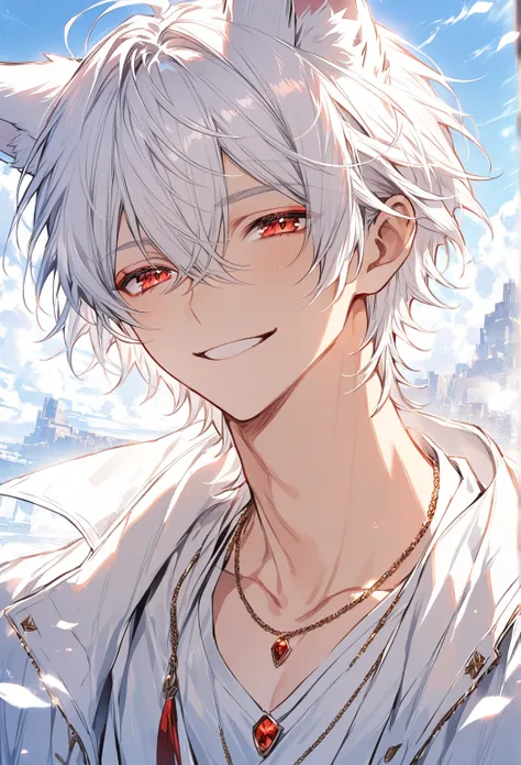 handsome, alone, 1 male, short hair, white hair, red eyes, white shirt, white coat, smiling face, red gold necklace, fox ears,