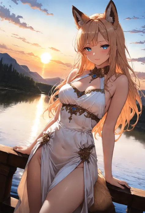 1girl, solo, dutch angle, light brown fox ears, blonde hair, blue eyes, beautiful detailed eyes, medium breasts, beautiful fantasy dress, light brown fox tail, thicc thighs, (looking at the horizon: 1.2), seductive pose, outdoors, beautiful lake, beautiful...