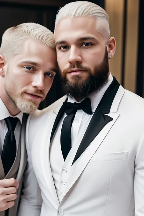 Albino man with a beard,   height 2 meters , muscular,  short hair,  beautiful features and dressed in a white suit with a white tie embracing and kissing with love a handsome Latino man with long hair and short beard dressed in a formal black suit with a ...