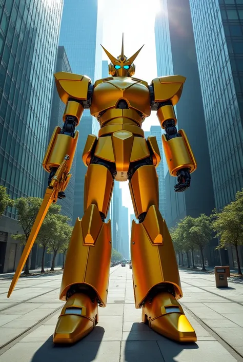 from above, In the middle of a roundabout surrounded by glass skyscrapers, a giant robot ten times bigger than the buildings stands still. The jet-Gold giant robot has a cool, beautiful, smooth, streamlined form and holds a shining cosmic ray sword in its ...