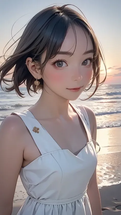 one girl, (12years old:1.4),(Very Young Face), (japan Person famous idol), face, cute face, ash gray hair:1.5, bob hair, short hair, camera's line of sight, small breasts, An ennui look, (dress:1.4) , particles of light, sea of ​​sunset, calm sea, white sa...