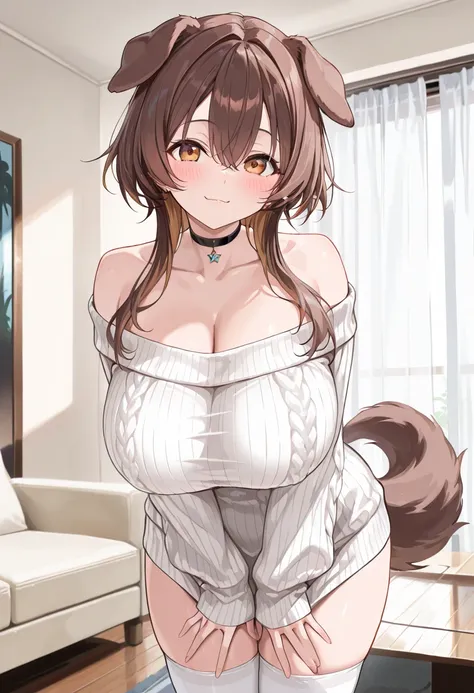 ( best quality , 8k , masterpiece , incredibly absurdres , beautiful woman , perfect body , super detailed skin , highly detailed eyes and face , 1 person ) , Inugami King , original hair color ,  brown hair  ,  dog ear , smile ,  will be happy , (  off sh...