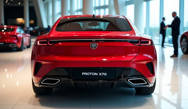 Back view of painted Red with shiny color 2025  Proton X70  sleek in large shape sedan in large size with Proton X70  logo on its large detailed grille in shiny red  color with angular sporty design captured from close back view with modified sleek backlig...