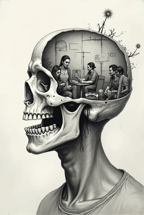 I want a man's head where inside it is hollow ,  inside you place images of vain women also place the video game control image and circle of friends talking and drinking. Drawing Format.