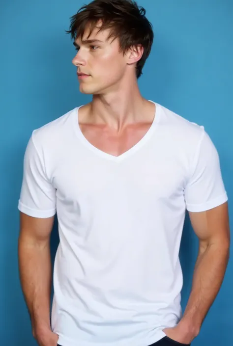 Mitchell Hope. The upper body image is a high-resolution photograph of Mitchell Hope standing against a solid blue background. He has a fit, athletic build with well-defined muscles. He has a light complexion and messy, tousled brown hair. He is dressed fi...