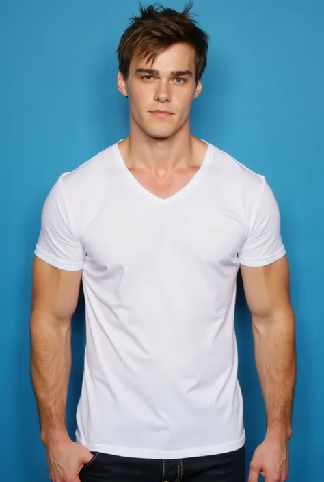 Mitchell Hope. The upper body image is a high-resolution photograph of Mitchell Hope standing against a solid blue background. He has a fit, athletic build with well-defined muscles. He has a light complexion and messy, tousled brown hair. He is dressed fi...